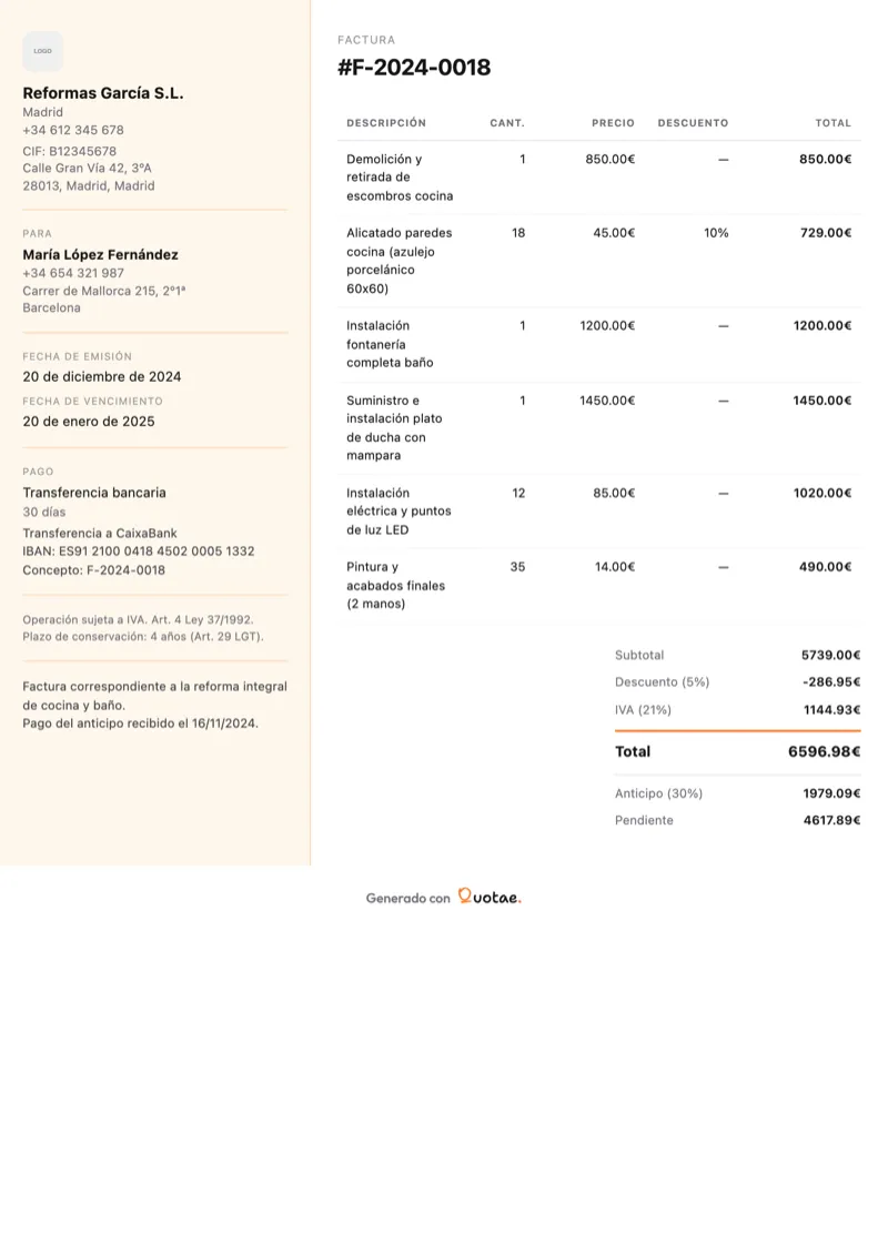 Plantilla moderna de factura de Quotae con una partida de pintura, cantidades, precios e impuestos en euros