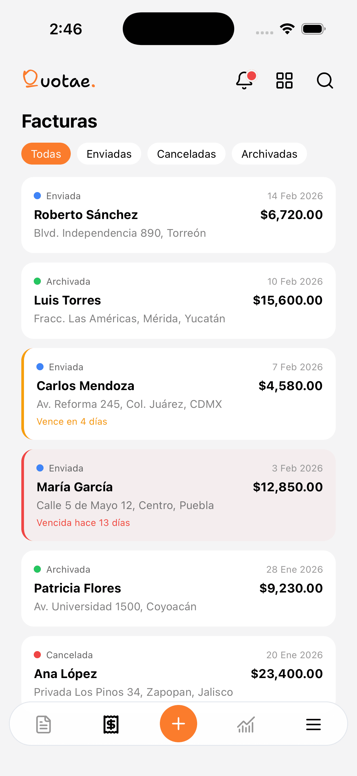 Pantalla de generación de facturas de Quotae