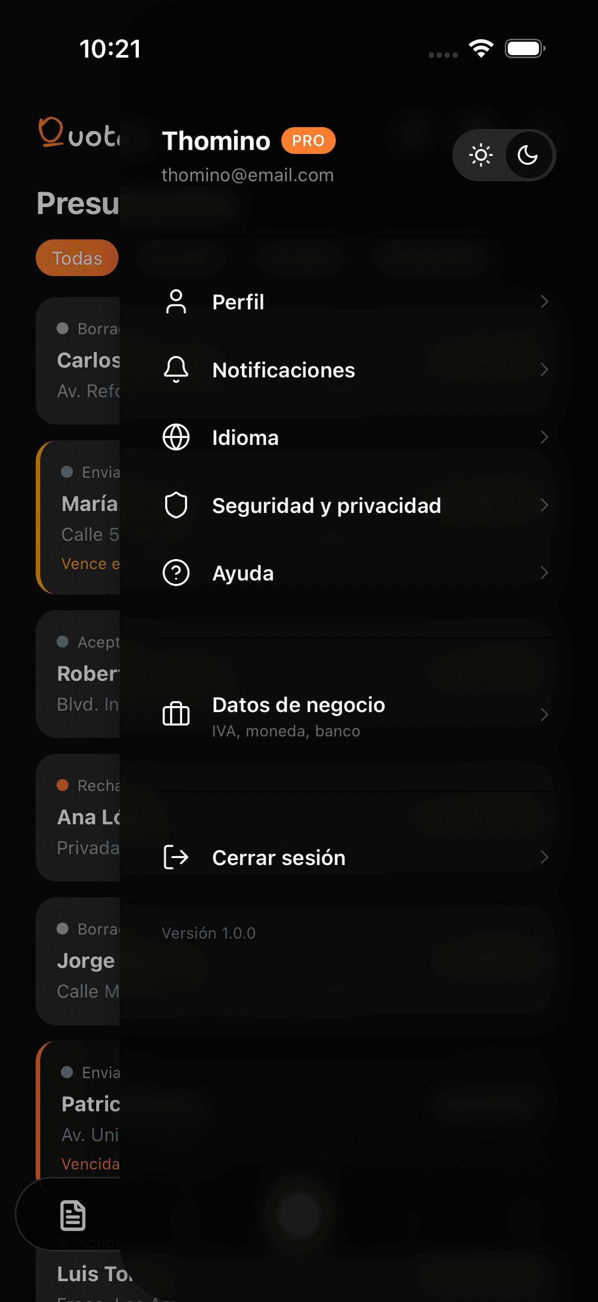 Menú de navegación de la app Quotae