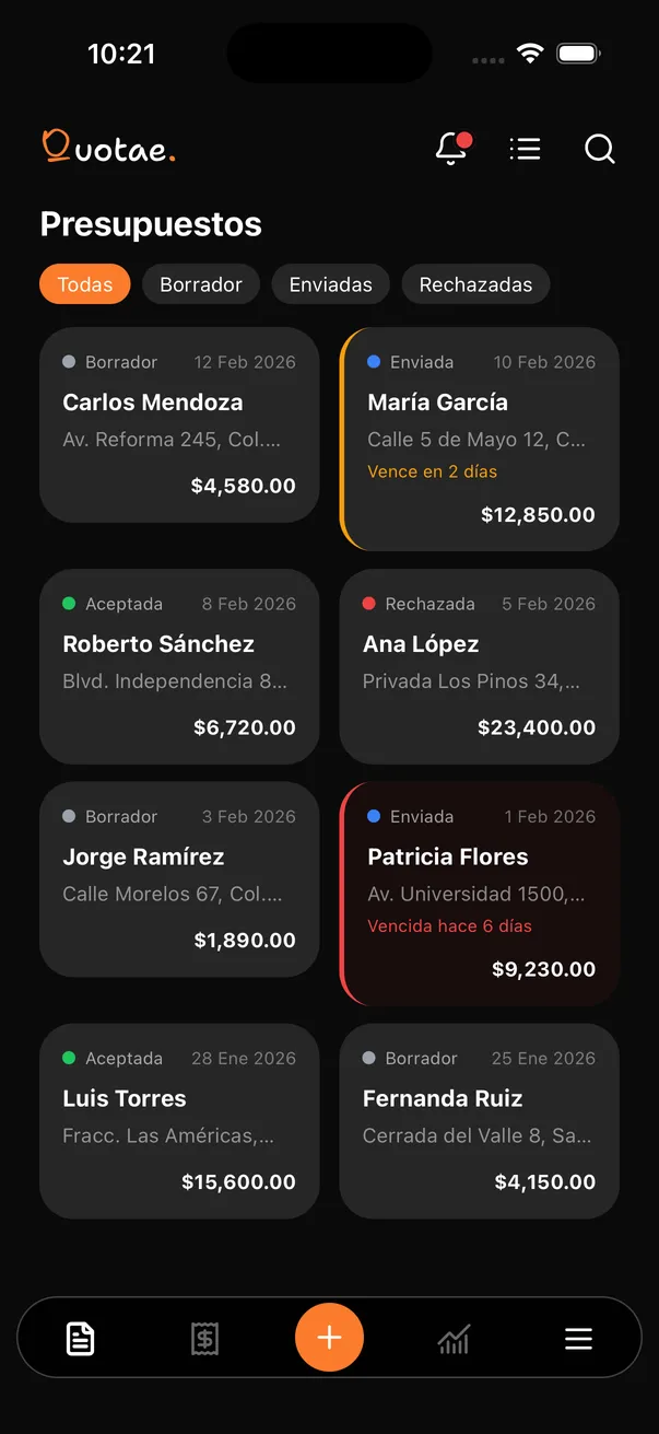 Quotae app showing a construction quote list