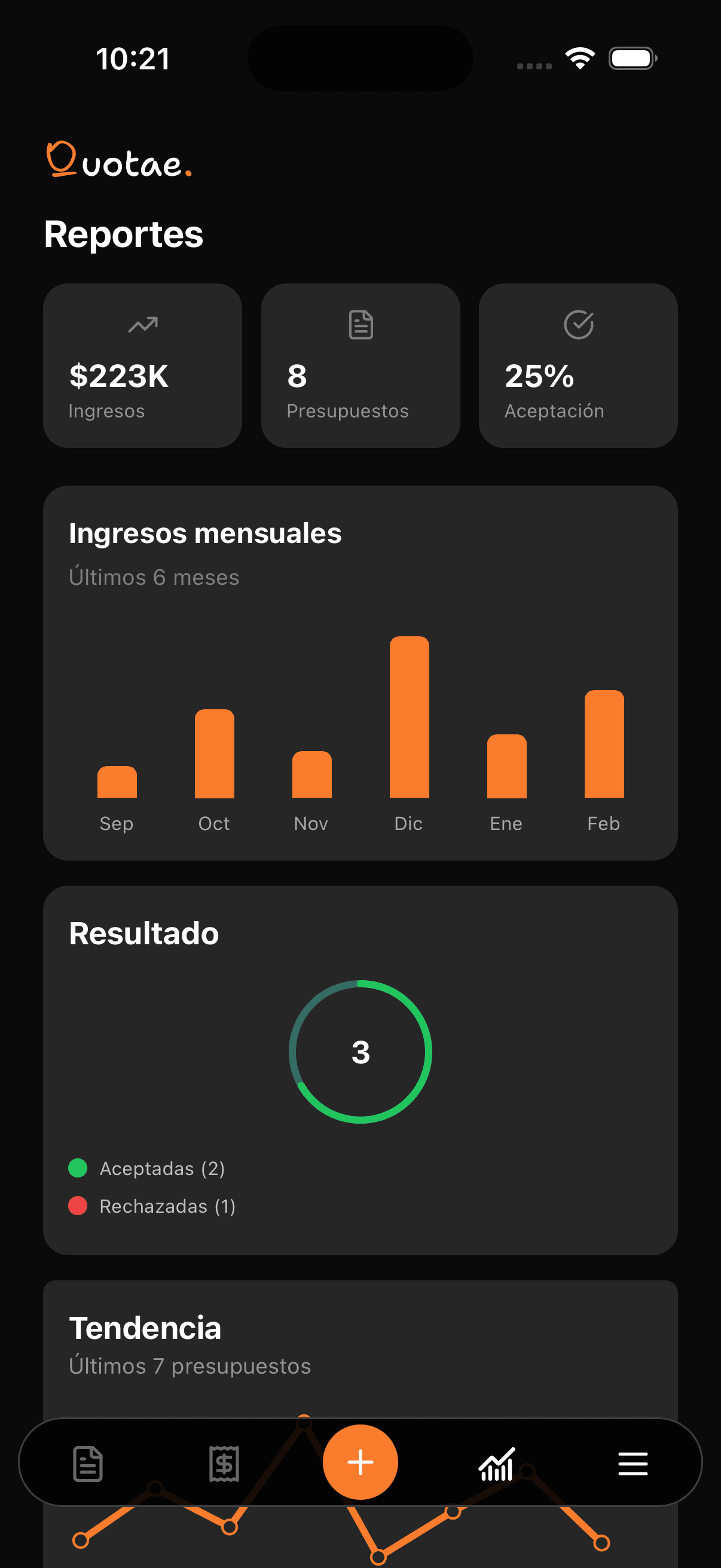 App Quotae mostrando informes de margen por obra